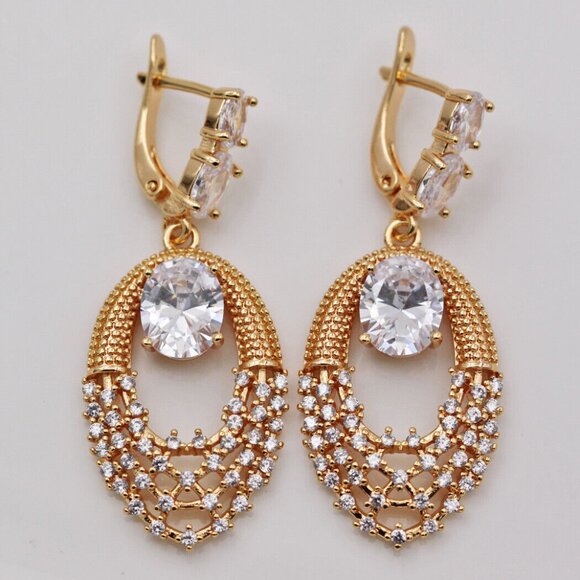 18K Yellow Gold Filled Geometric Modern Oval Diamond Zircon Drop Dangle Earrings - Picture 3 of 4